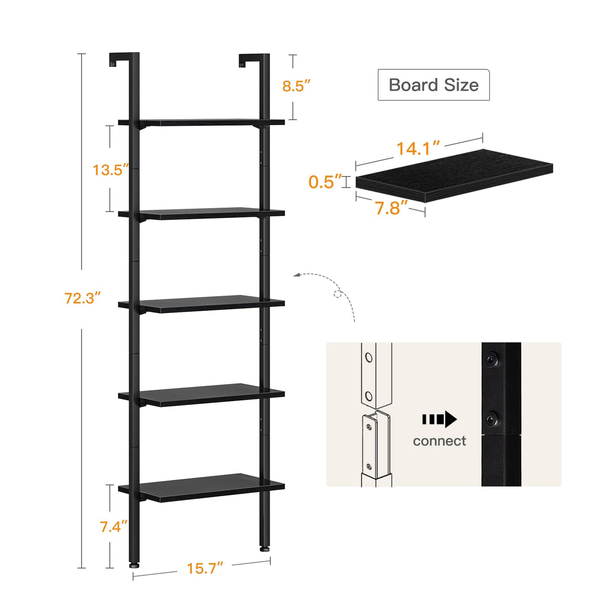 Ladder Shelf, 5 Tier Black Bookshelf, 72 Inch Wall Mounted Book Shelf with Metal Frame