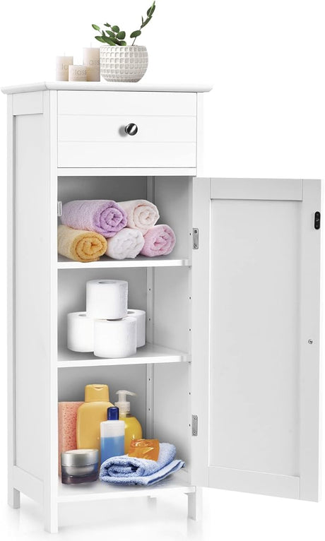 Bathroom Storage Cabinet, Single Door Floor Cabinet with Drawer and 3-Level Adjustable Shelves,