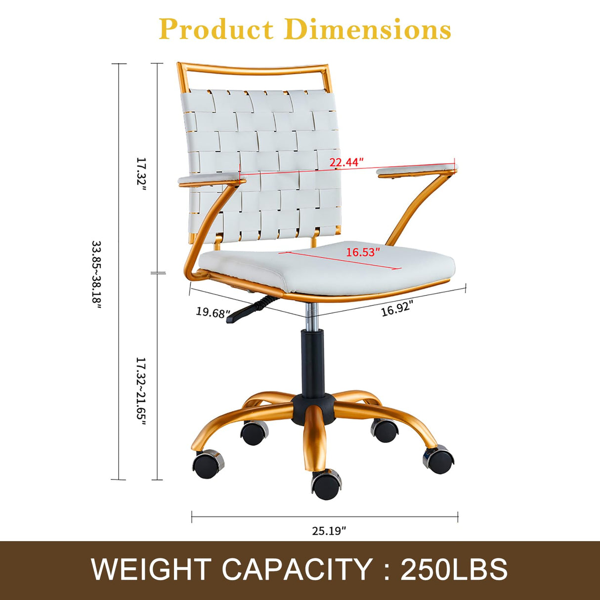 Gold Accent Office Chair with Wheels - White Adjustable Swivel Desk Chair