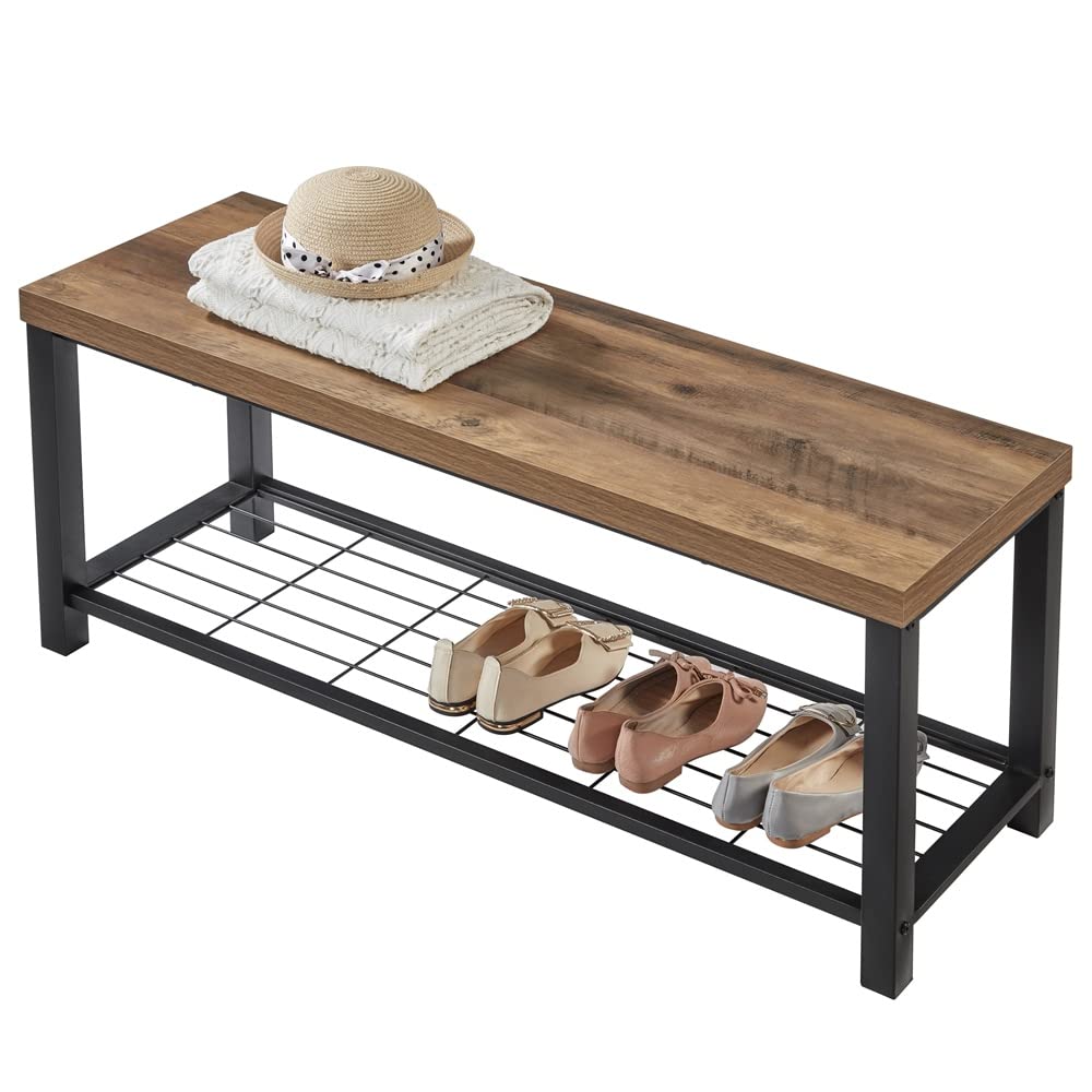 Shoe Bench, Industrial Entryway Bench with Metal Storage Shelf