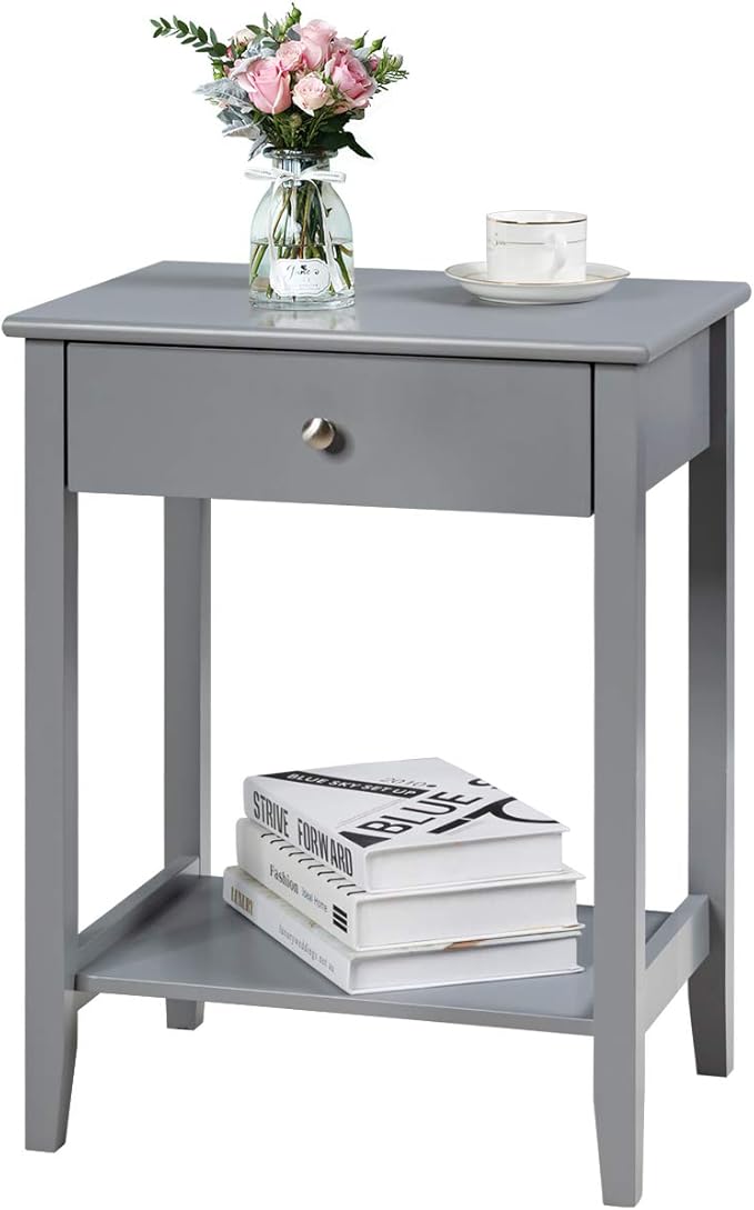 Nightstand Wooden 2-Tier Couch Sofa Side Table with Drawer, Storage Shelf