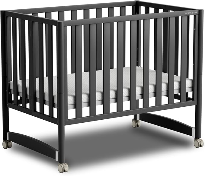 EvoNook 6-in-1 Convertible Mini Crib - Easy Assembly, Portable Folding Baby Mini Crib with Wheels, 100% New Zealand Pinewood, 4 Adjustable Mattress Heights, Washed Nature with Wheels