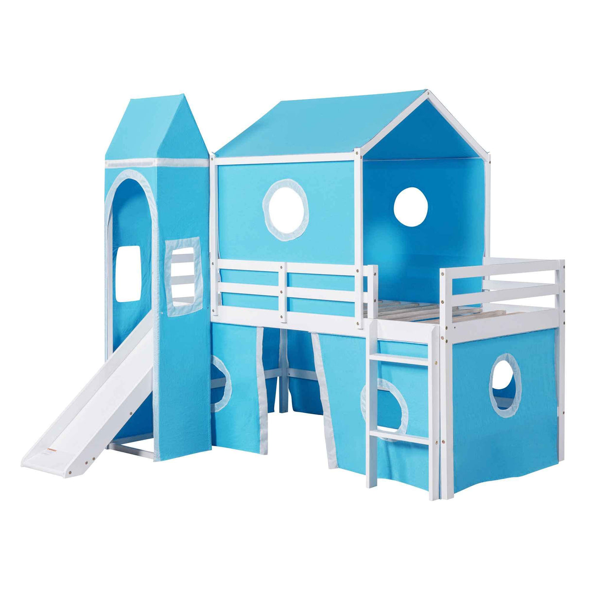 Twin Size Bunk Bed with Slide and Tent, House Shaped Loft Bedframe w/Curtains & Windows, Undereath Can be Playhouse, Funny Design for Kids, Toddlers, Blue