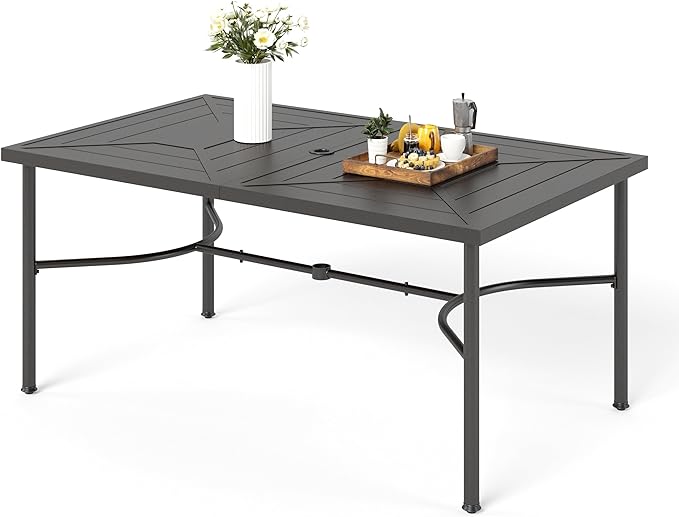 Outdoor Metal Steel Slat Dining Rectangle Table with Adjustable Umbrella Hole