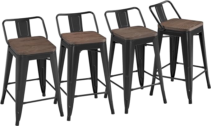 30" Metal Barstools Set of 4 Bar Height Bar Stools with Wooden Top