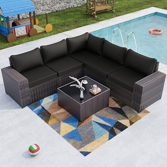 Patio Furniture 7 Pieces Outdoor Sectional PE Rattan Sofa Set Brown Manual Wicker