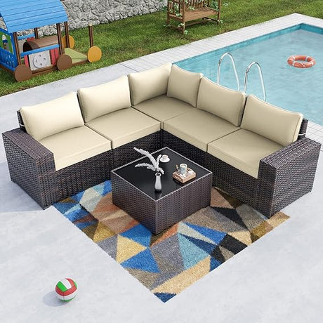 Patio Furniture 7 Pieces Outdoor Sectional PE Rattan Sofa Set Brown Manual Wicker