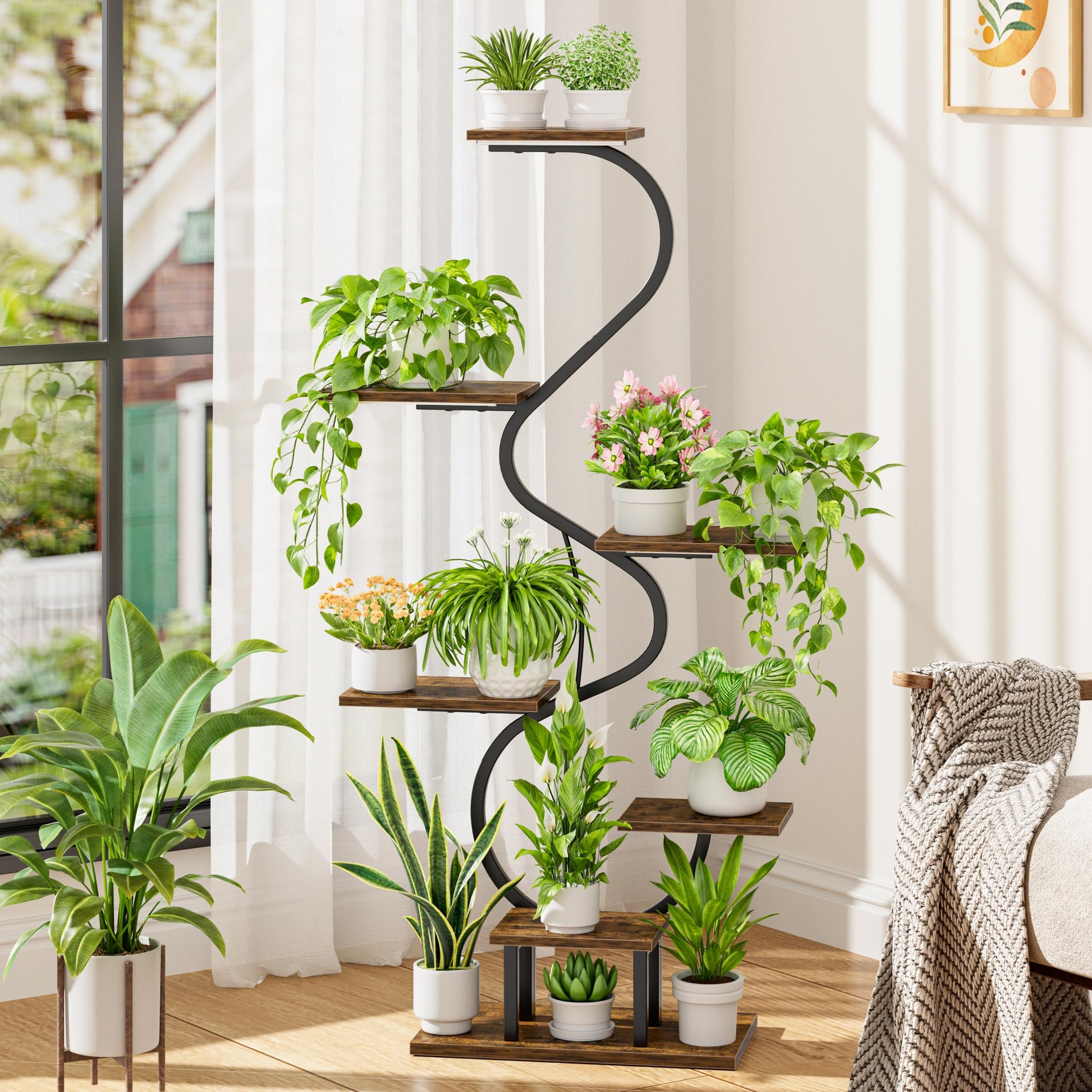 7-tier metal corner plant stand with grow lights for indoor plants
