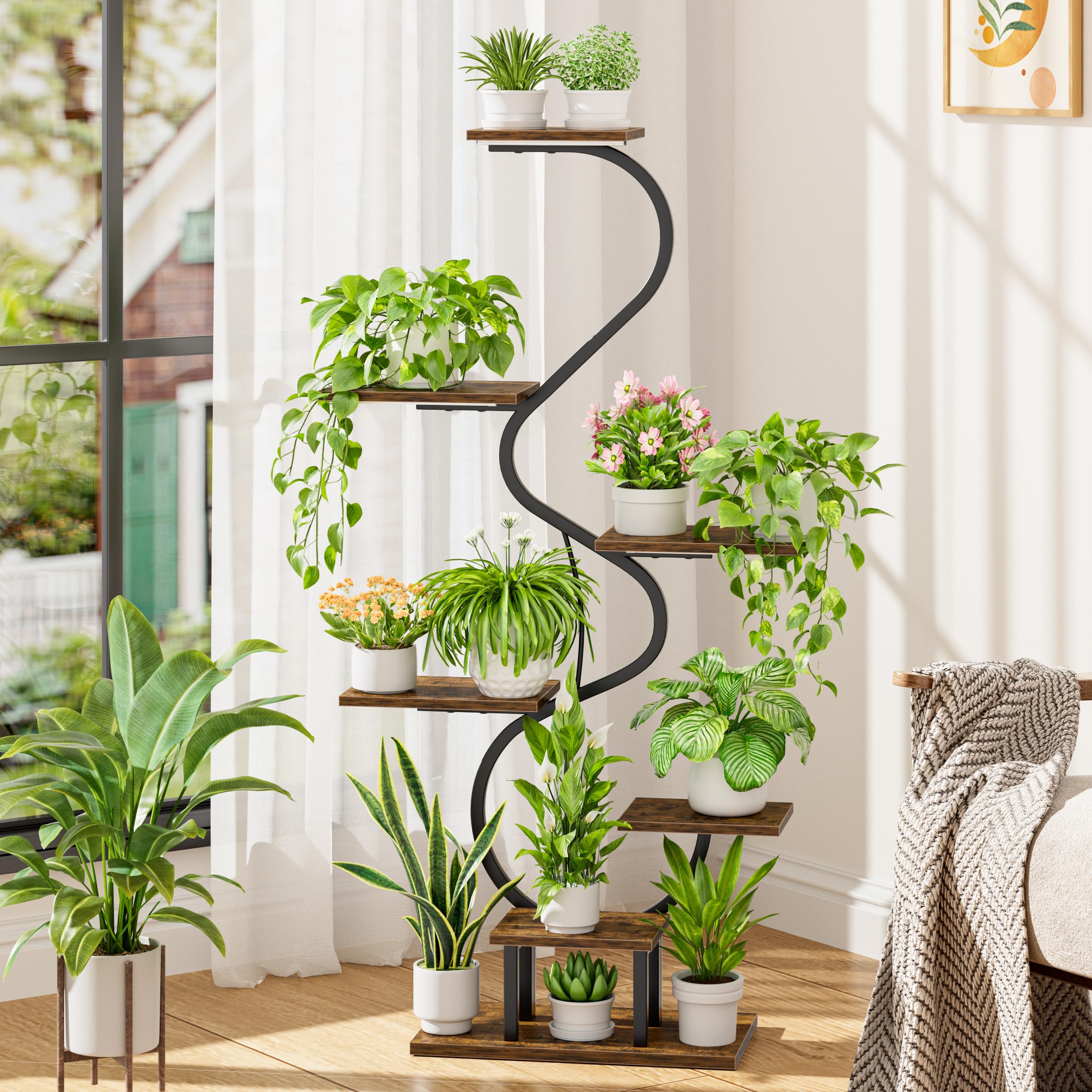 7-tier metal corner plant stand with grow lights for indoor plants