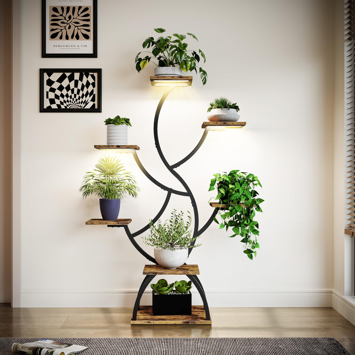 7-tier tree-shaped indoor plant stand with LED grow lights