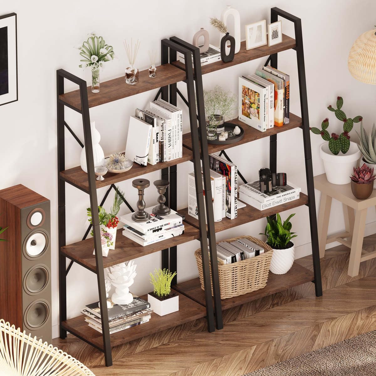 Industrial Ladder Shelf Bookcase, 4 Tier Rustic Ladder Bookshelf, Standing Leaning Book