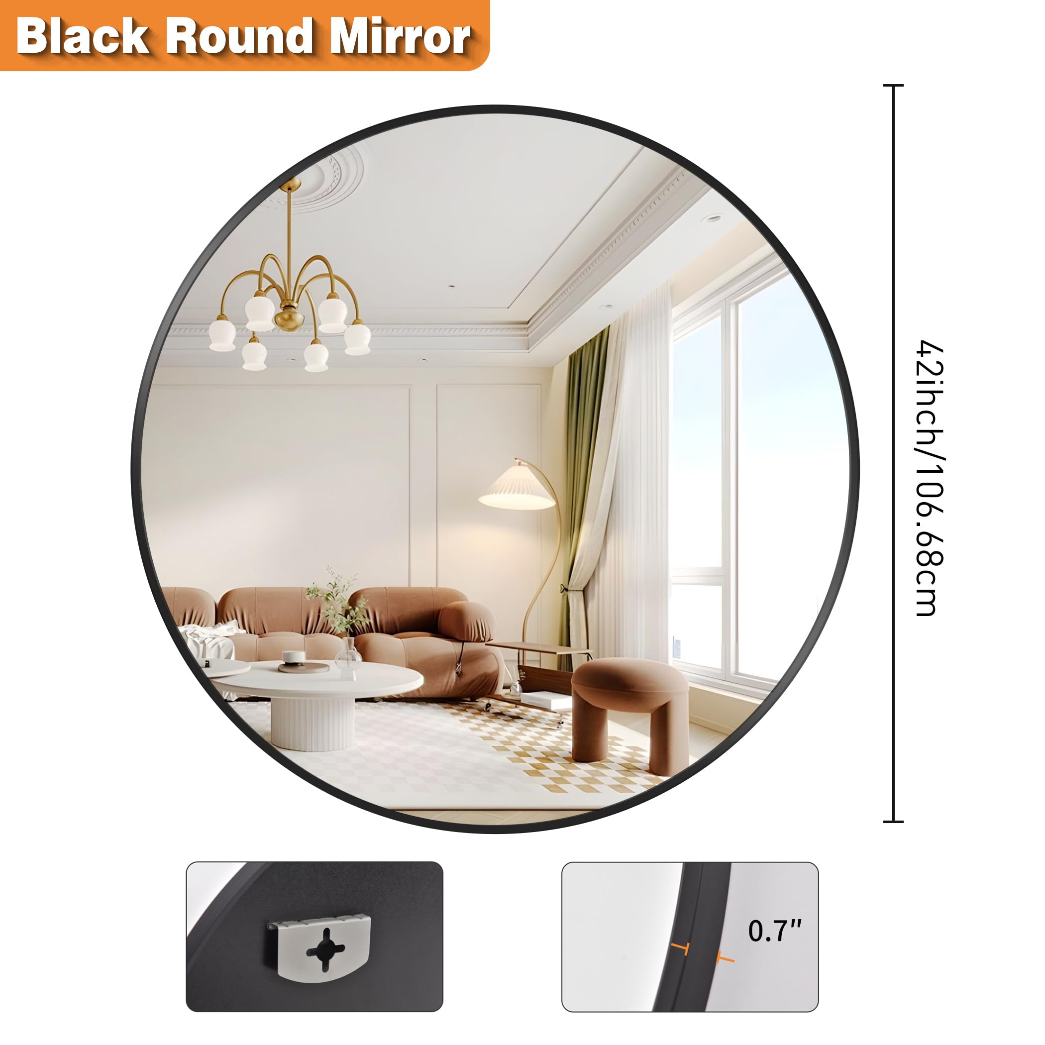 42" Large Round Mirror, Black Circle Mirror for Wall, Metal Framed Round Mirror