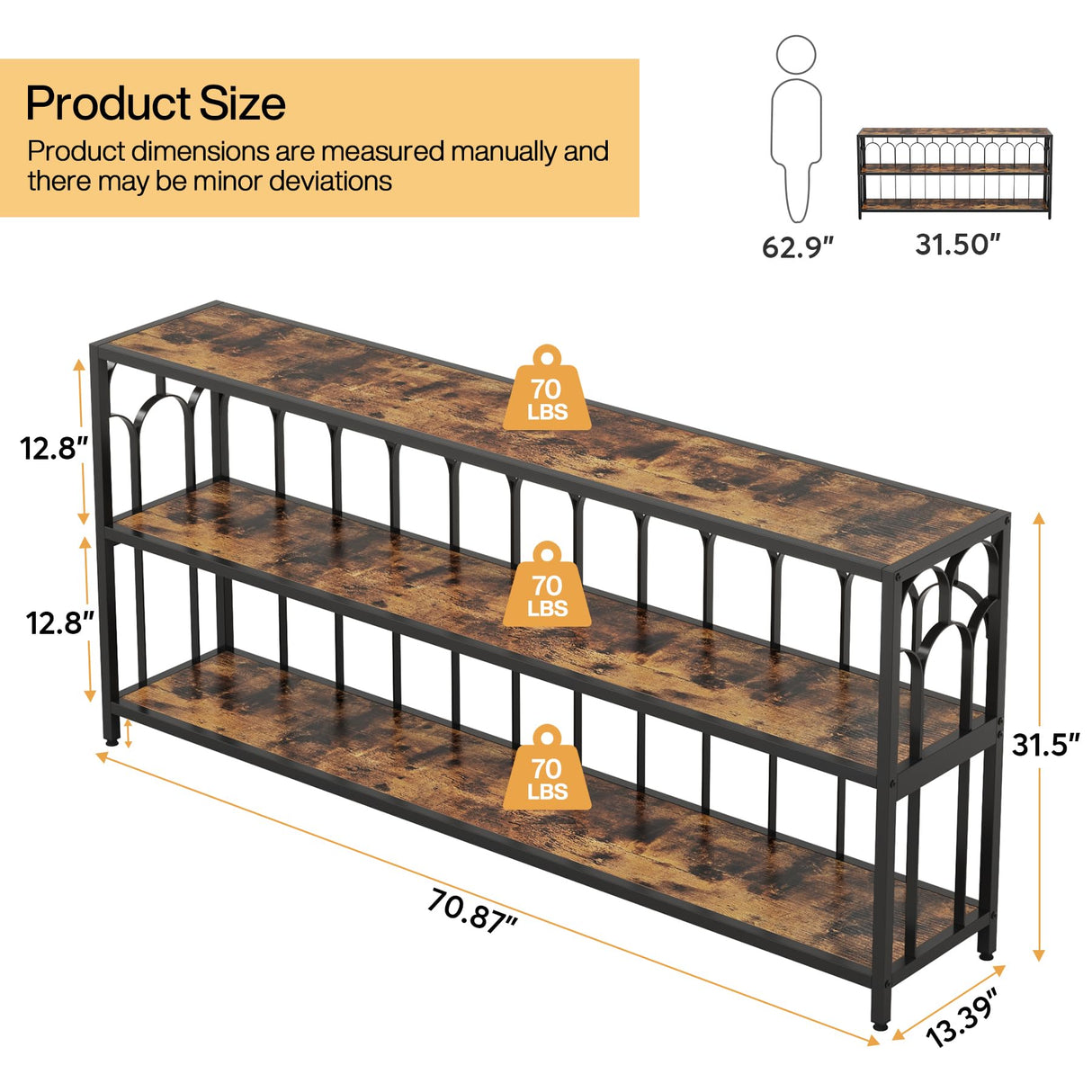 70.87" Long Console Table, 3-Tier Narrow Sofa Table with Shelves, Industrial Foyer Table Entryway Table for Living Room,