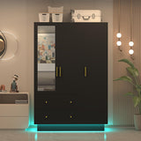 3 Door Wardrobe Closet with Mirror & LED Lights, Bedroom Armoire