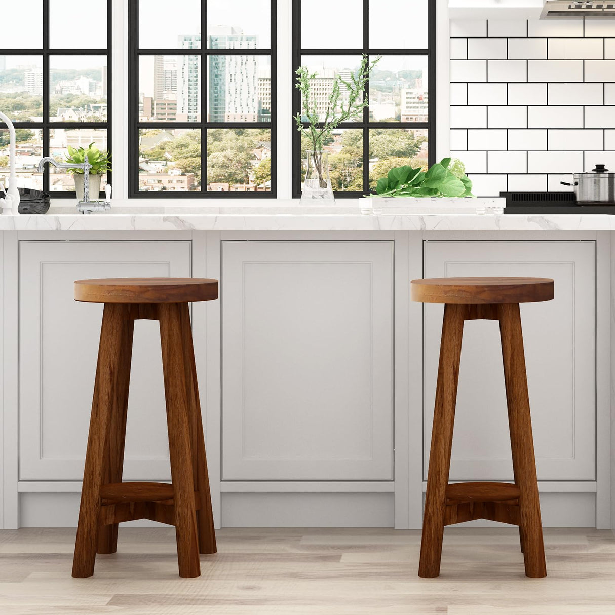 Bar Stool with Round Seat for Kitchen Island Counter, Solid Teak Wood Barstool