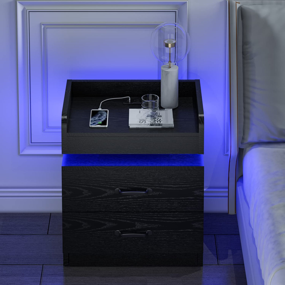 Black Nightstand with Charging Station, Night Stand with LED Lights, Modern Led End