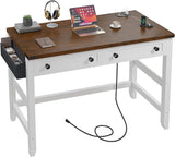 Small Computer Desk with 2 Wood Drawers & a Side Pocket, Small Desk for Bedroom with Power Outlets, Farmhouse Home Office Desks, 31.5" Writing Desk, Study Desk, Brown+White