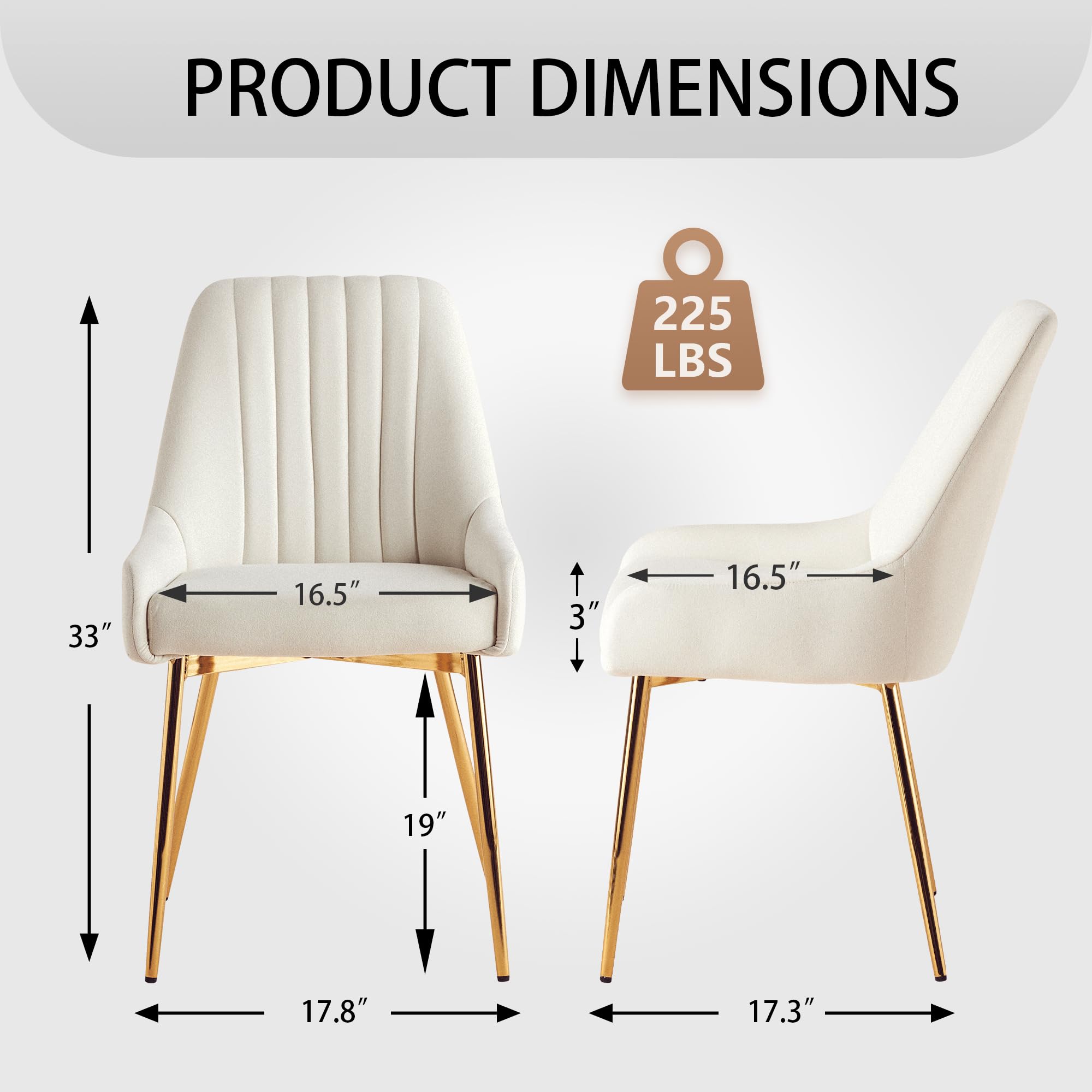 LOVSPATIO Dining Chairs Set of 2, Mid Century Modern Kitchen Armless Dining Chairs with Velvet Cushion Seat & with Gold Metal Legs for Vanity Room Bedroom Living Room (White)