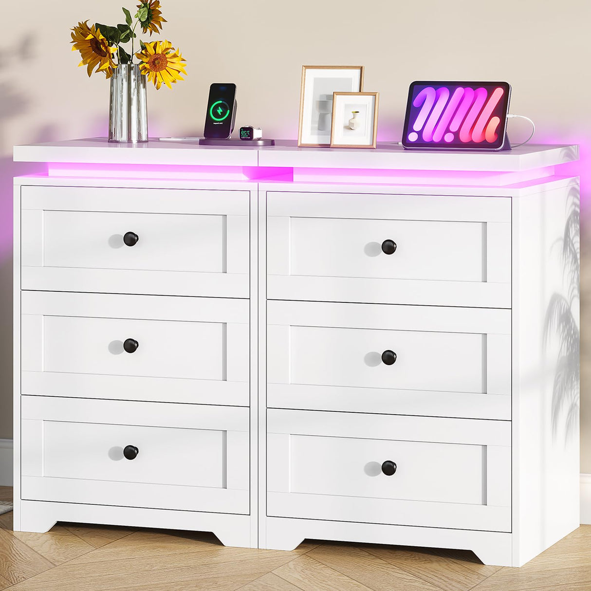 VIAGDO White Night Stand Set 2 with Charging Station, Nightstand Set of 2 with 3 Storage Drawers, Modern LED Nightstands with Lights, Large Bedside Tables with USB Ports and Outlets for Bedroom, Dorm