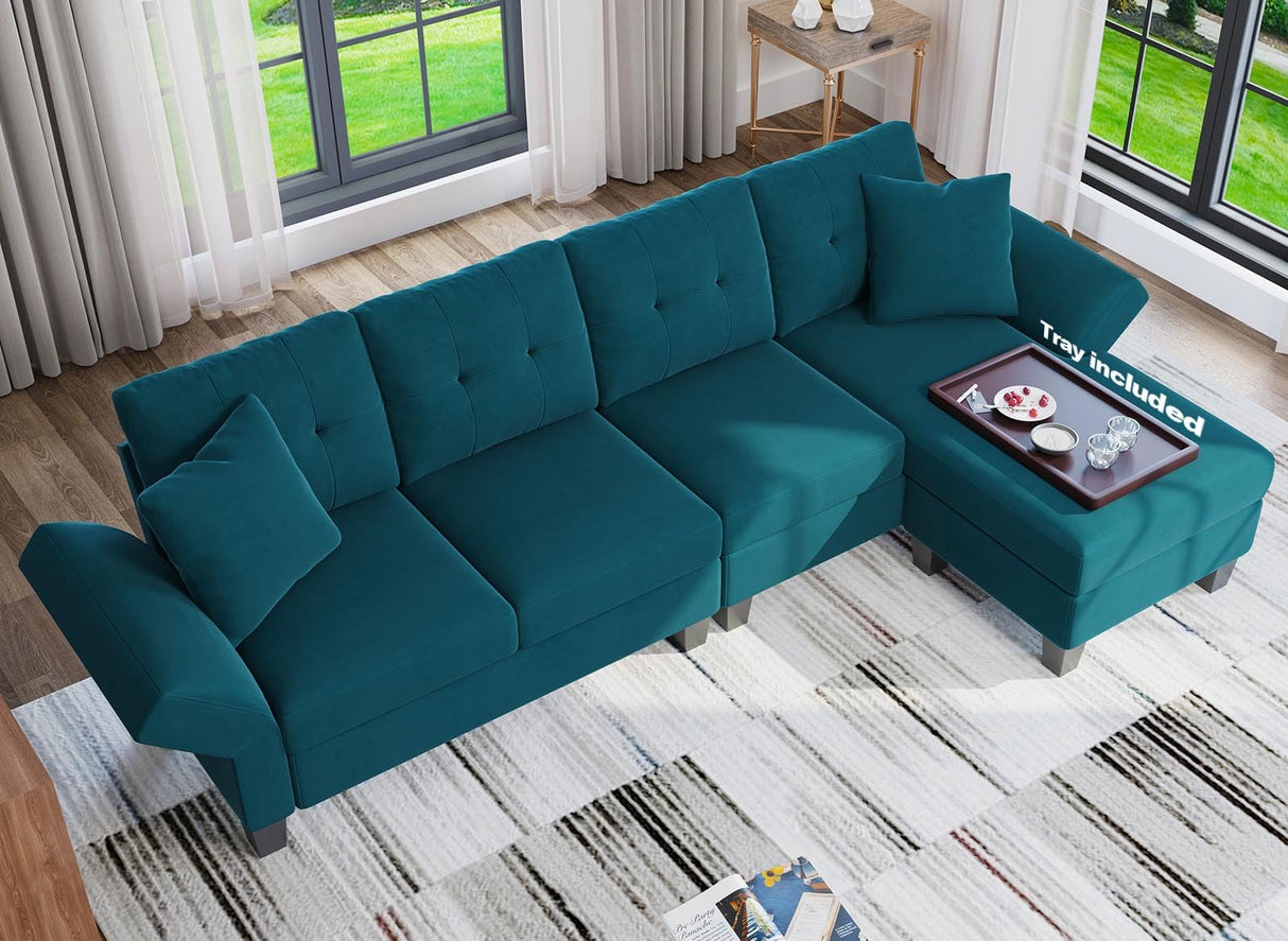 Velvet Sectional Couch L Shaped Sofa 4 Seater Sofa with Chaise L-Shaped