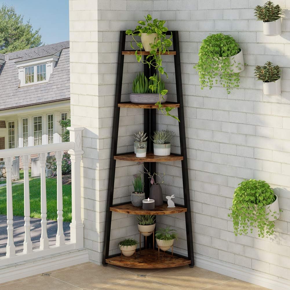 70 inch Tall Corner Shelf, 5 Tier Rustic Corner Bookshelf Bookcase Industrial Corner Ladder Shelf Plant Stand for Living Room, Kitchen, Home Office (Brown)
