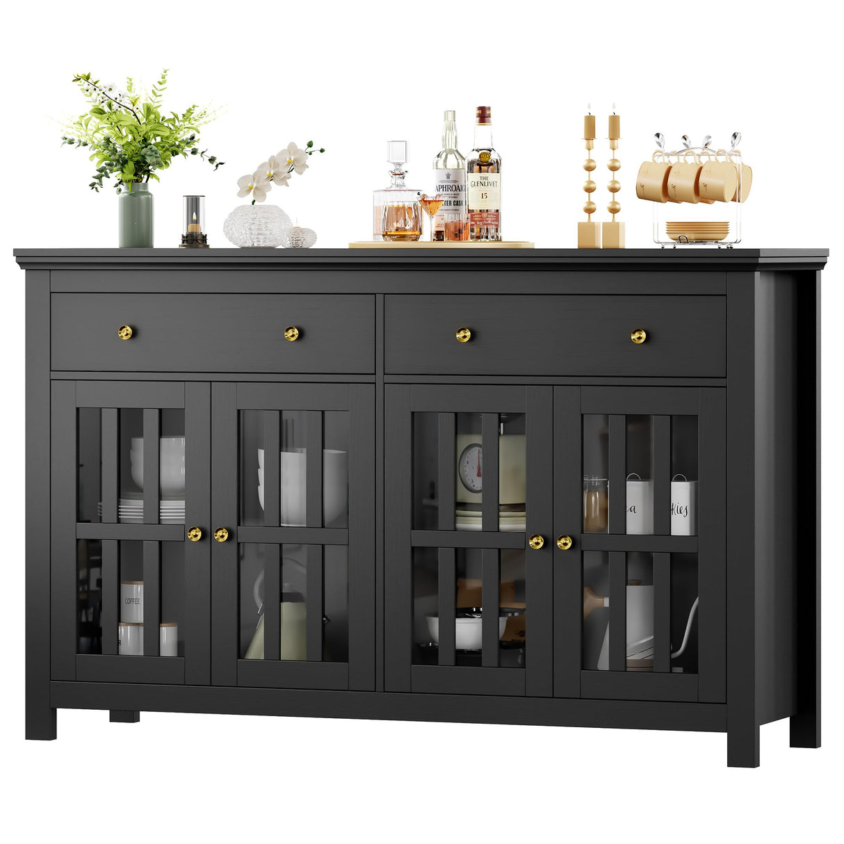 Black Buffet Cabinet with Storage, 55.1" Large Kitchen Cabinet Sideboard Cabinet