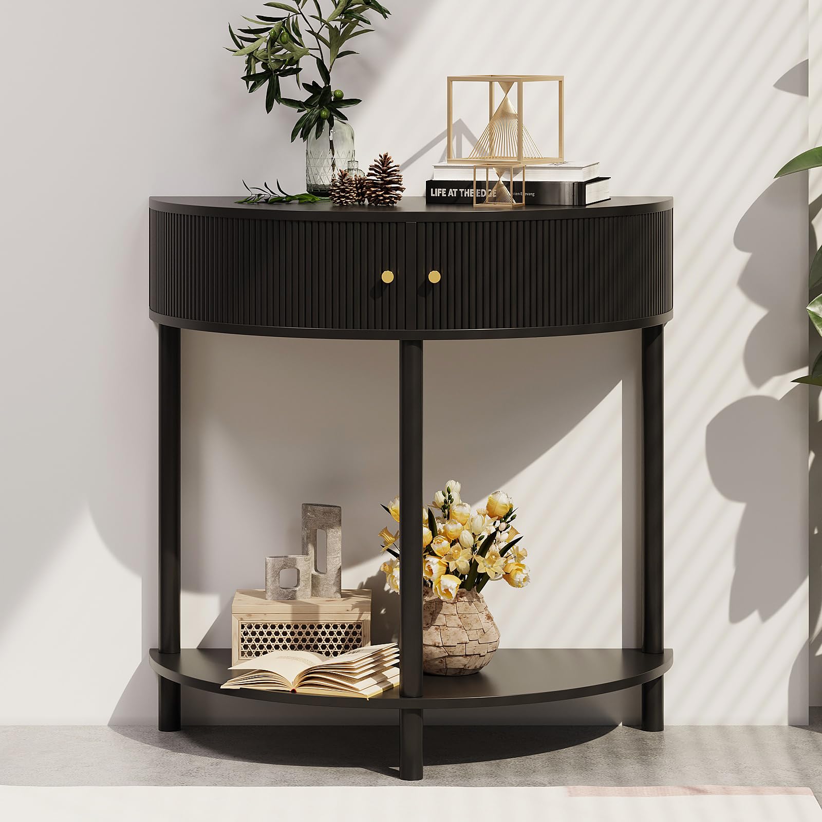 Fluted Half Moon Console Table with Storage