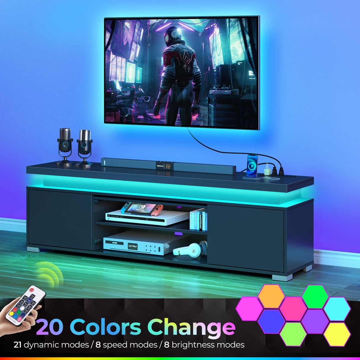 TV Stand with Power Outlet & LED Lights, Modern Entertainment Center