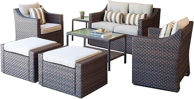 5 Piece Patio Conversation Set Outdoor Furniture Set, Brown Wicker Lounge Chair