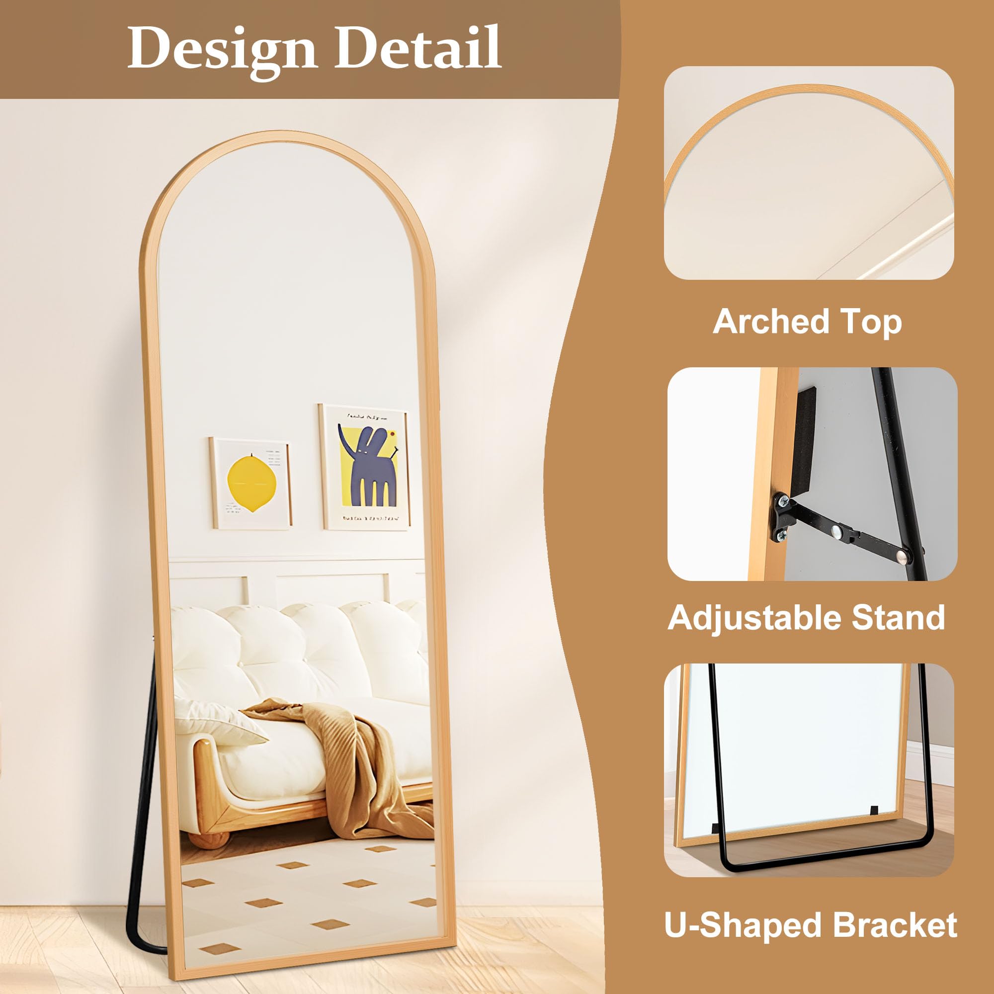 Arched Full Length Mirror with Stand 57x20 - Gold Aluminum Frame