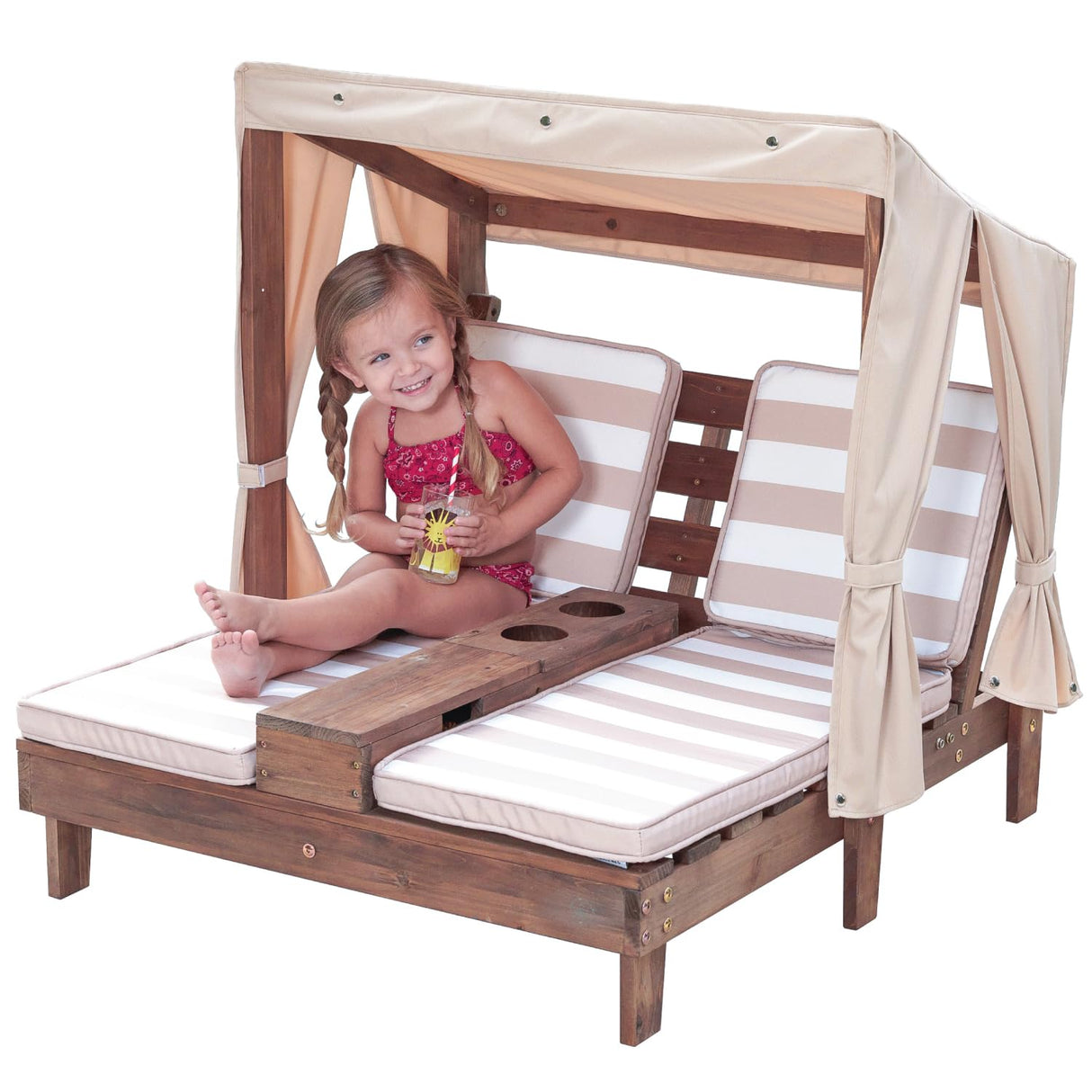 Wooden Outdoor Double Chaise Lounge with Cup Holders, Patio Furniture for Kids or Pets