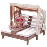 Wooden Outdoor Double Chaise Lounge with Cup Holders, Patio Furniture for Kids or Pets