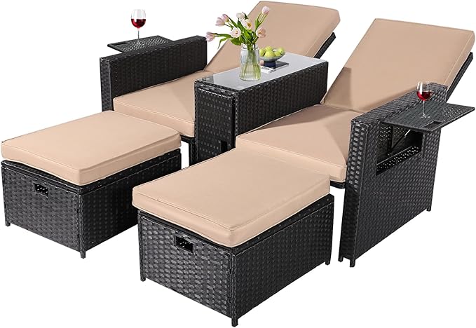 5PCS Outdoor Wicker Chaise Lounge Chair - Rattan Adjustable Reclining Patio Lounge