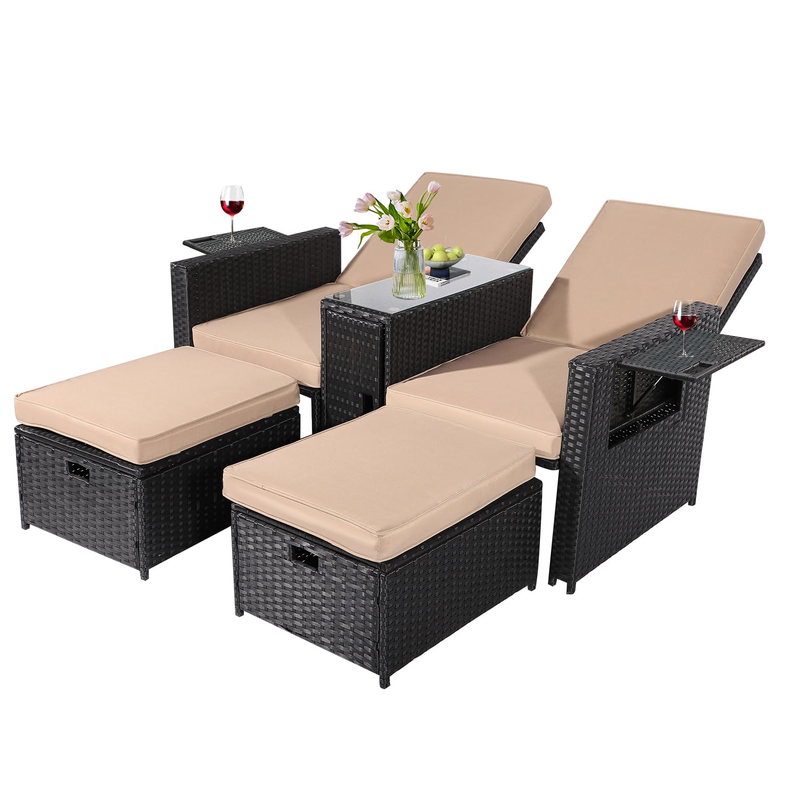 5PCS Outdoor Wicker Chaise Lounge Chair - Rattan Adjustable Reclining Patio Lounge