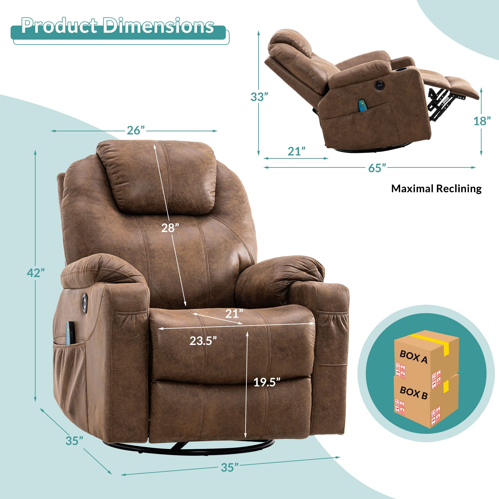 MeetWarm Swivel Massage Recliner – Bronzing Suede, Heat, USB, Cup Holders
