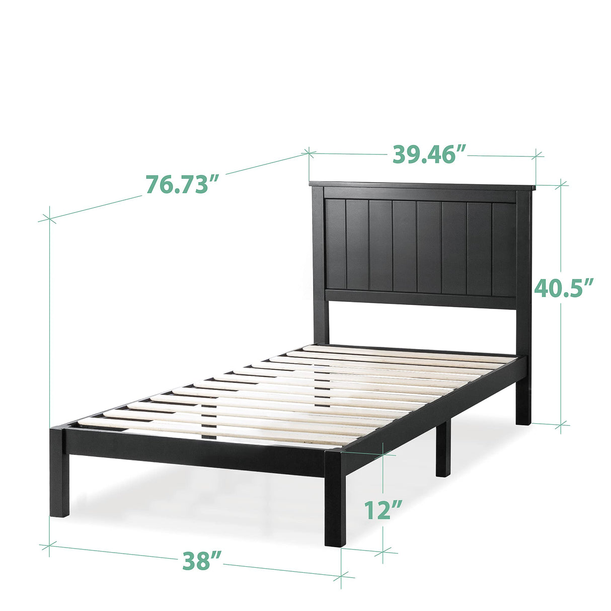 Santiago Wood Platform Bed Frame with Slat Support - Twin, Black