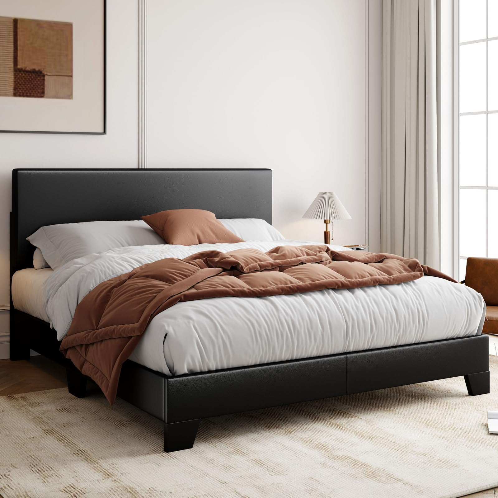 Full Size Bed Frame with Adjustable Headboard, Faux Leather Platform Bed with Wood