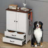 Elevated Dog Feeding Station with Storage Cabinet & Leash Hooks