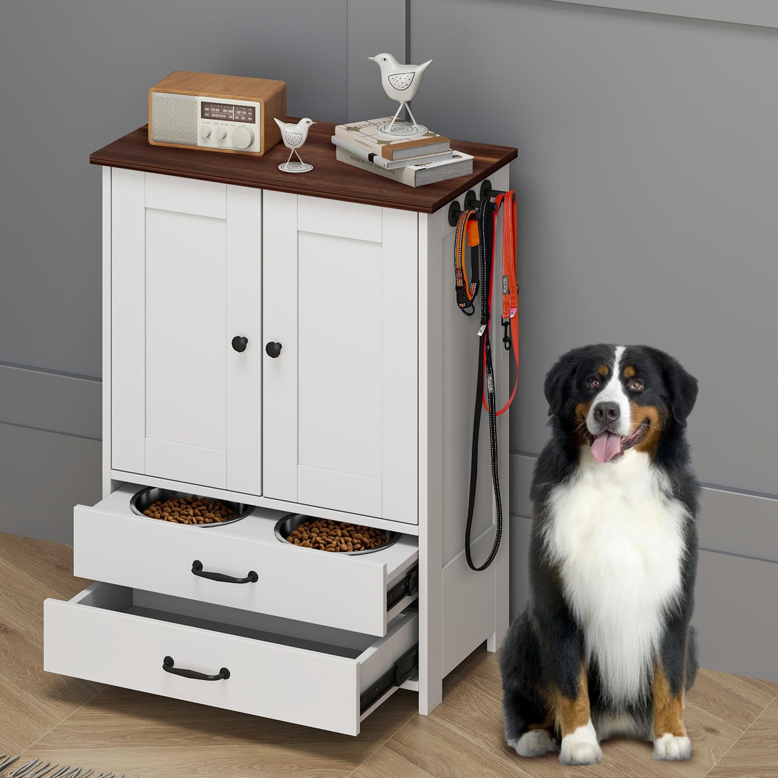 Elevated Dog Feeding Station with Storage Cabinet & Leash Hooks