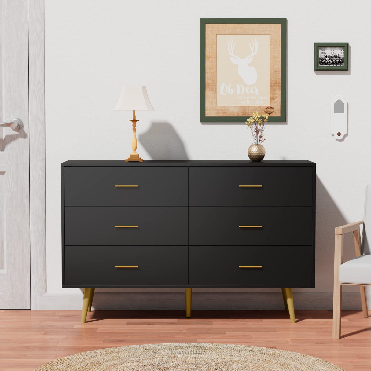 Dresser for Bedroom with 6 Drawers, Wooden Black Dresser with Golden Handles, Modern Chests of Drawer Storage Organizer for Hallway, Entryway