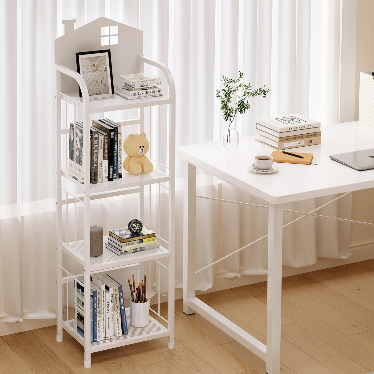 Kids Book Shelf, 4-Tier Small Bookcase White Metal Bookshelf Modern Narrow Ladder Shelf Standing Display Shelves Storage Shelving Unit for Bedroom,Office,Living Room,Bathroom