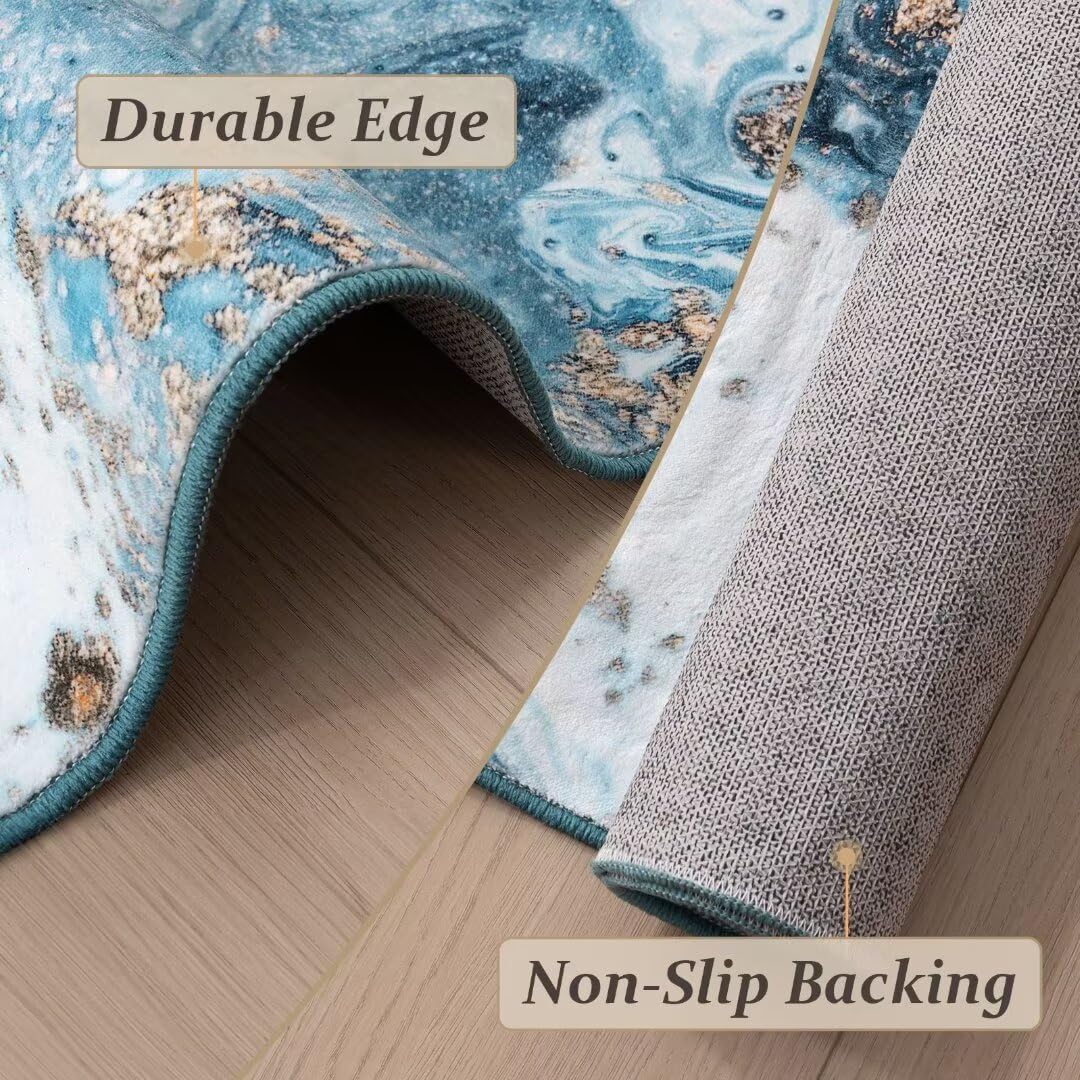 GEMBED Washable Area Rug 9x12 - Artistic Style Modern Rug for Living Room Bedroom Dining Room, Soft Low Pile Machine Washable Carpet, Non Slip Non Shedding Area Rug - Blue/Gold, 9'x12'