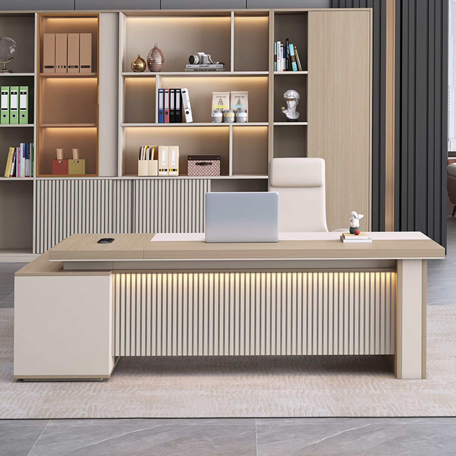 Office Table with Cabinet Wood Office Desk with Light Strip, L Shaped Executive Desk