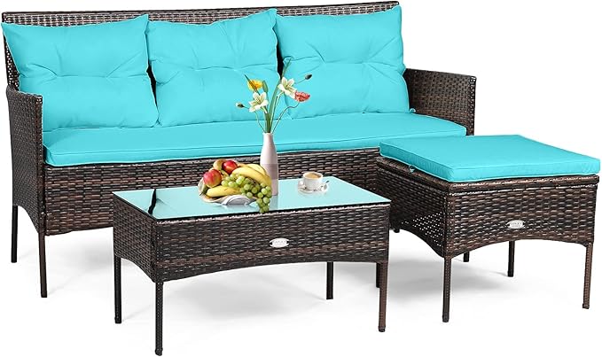 3 Pieces Patio Furniture Sectional Set, Rattan Wicker Conversation Set