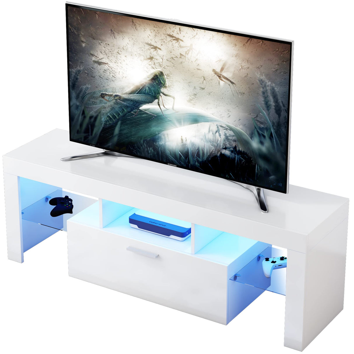 LED White TV Stand for 55 Inch TV, Modern Gaming Entertainment Center, Small Television