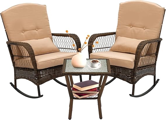3 Pieces Outdoor Rattan Rocking Bistro Set with Cushions