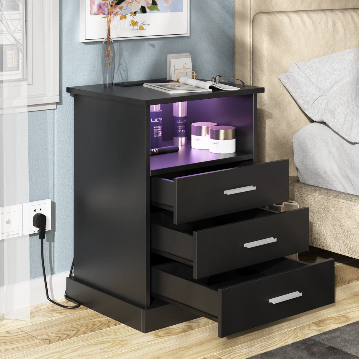 Black LED Nightstand with Charging Station, Side Table with 3 Drawers and Light, End