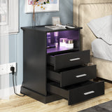 Black LED Nightstand with Charging Station, Side Table with 3 Drawers and Light, End