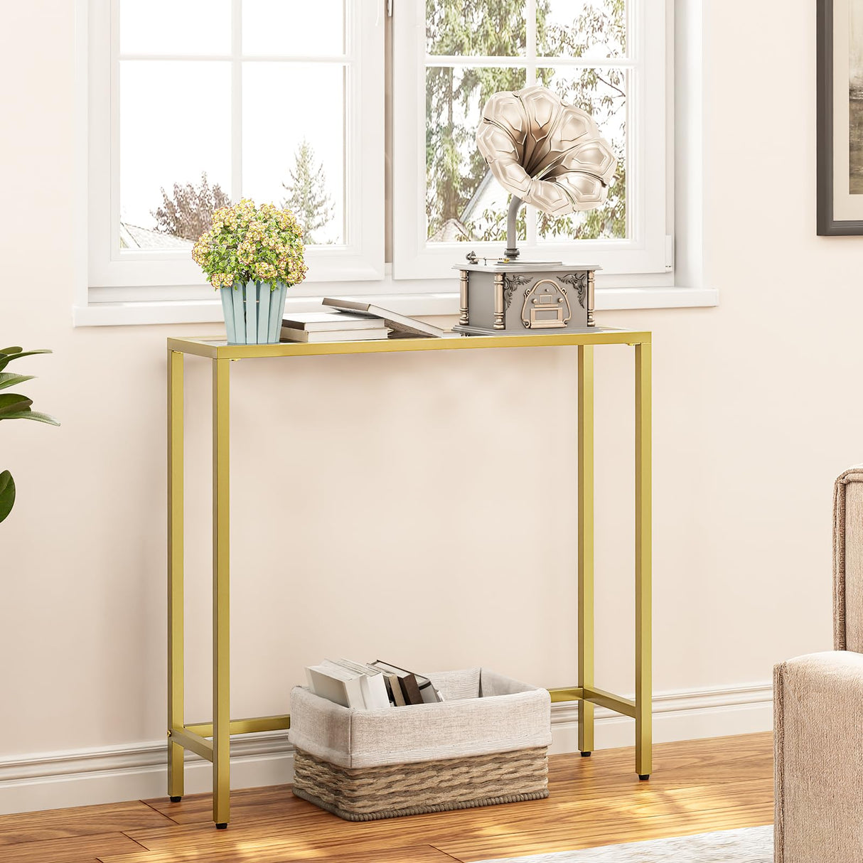 .5" Narrow Console Table, Tempered Glass Sofa Table, Small Side Table, Modern Entryway