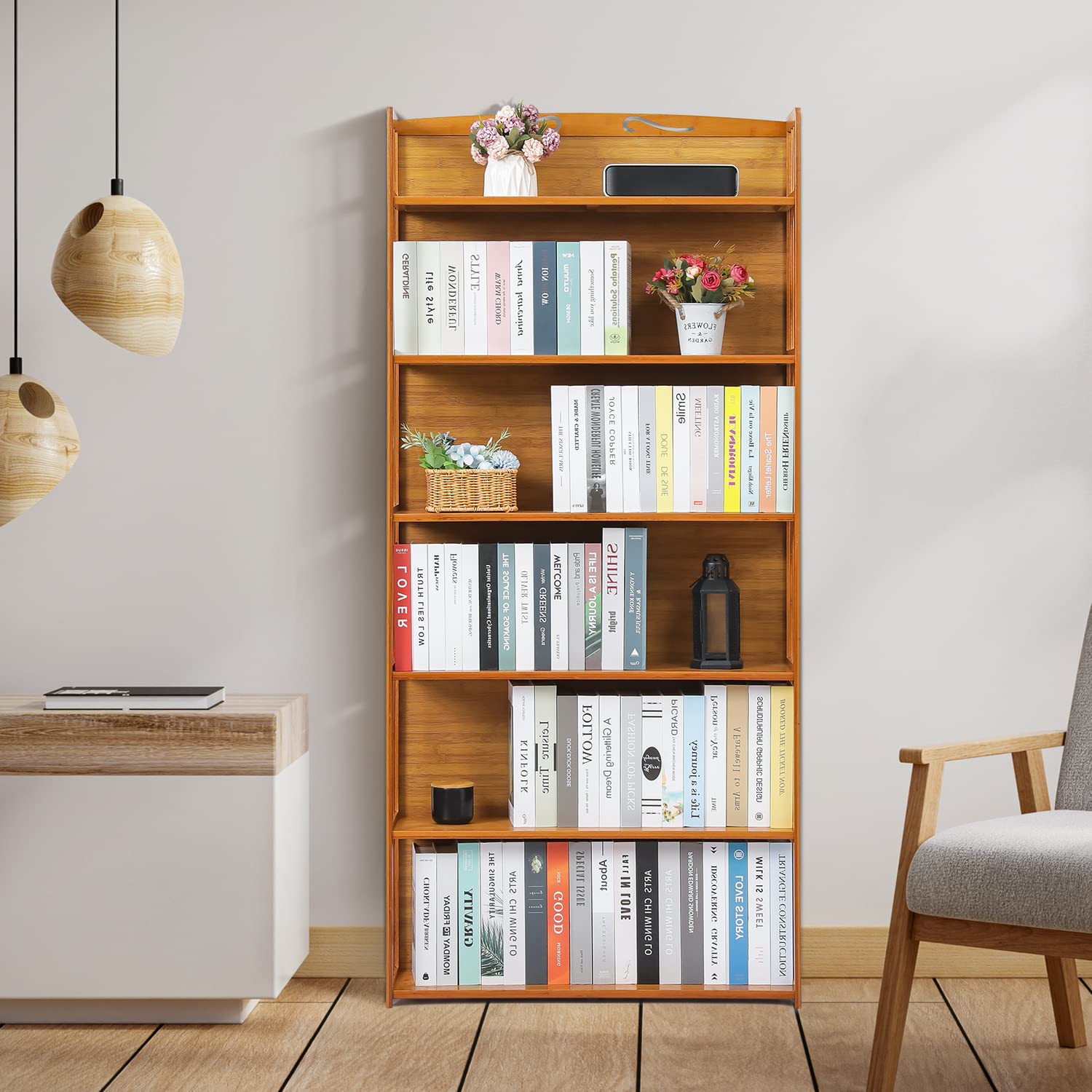 Bamboo Bookshelf, 6-Tier Adjustable Tall Bookcase Rack Organizer Shelving Free